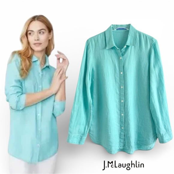 J. McLaughlin Tops - J.MCLAUGHLIN ROBINS EGG AQUA BLUE LINEN LONG SLEEVE SHIRT SZ M